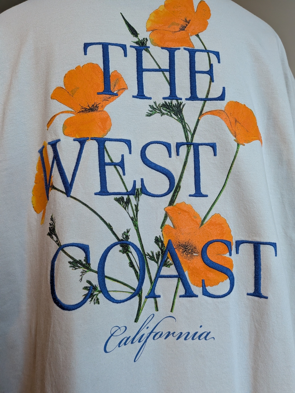 XXL Cotton Embroidered Graphic Tee - West Coast Beige Oversized Soft T-Shirt - Picture 2 of 7